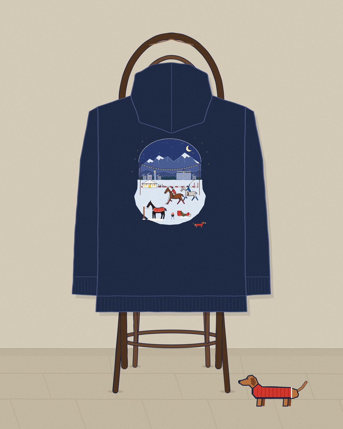 A navy hoodie with the St. Moritz snow polo scene hung over a bentwood café chair, the dachshund looking on.