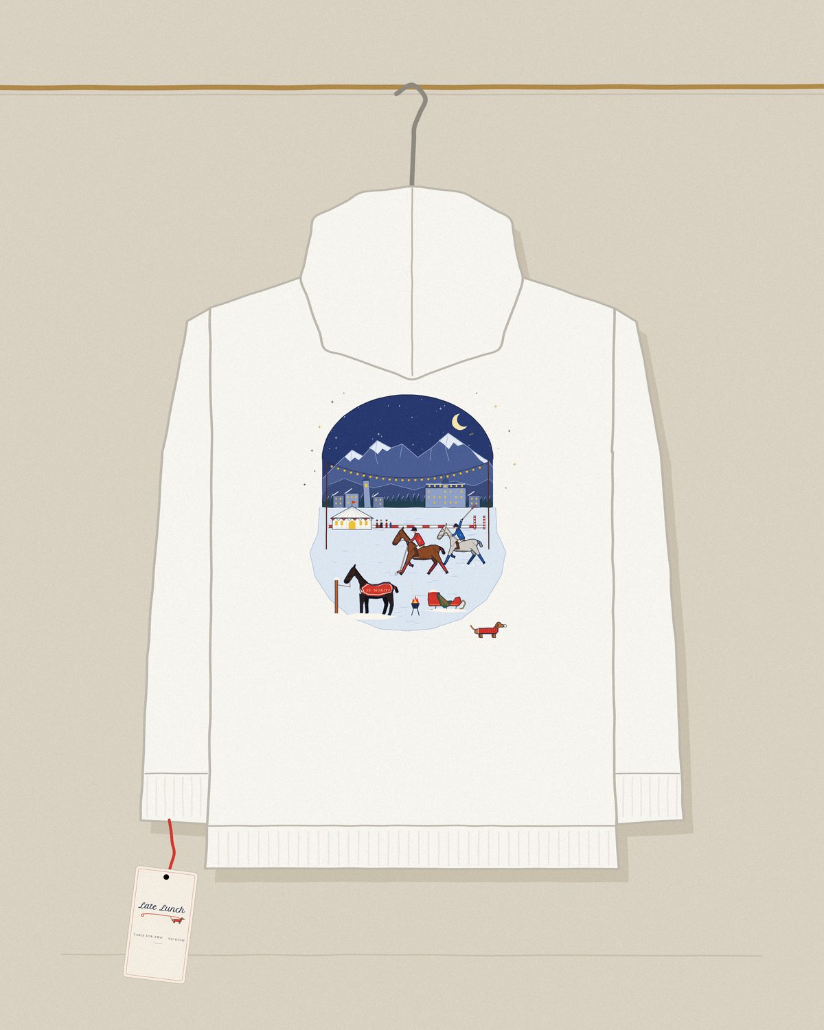 The white St. Moritz hoodie on a wooden hanger, back view.